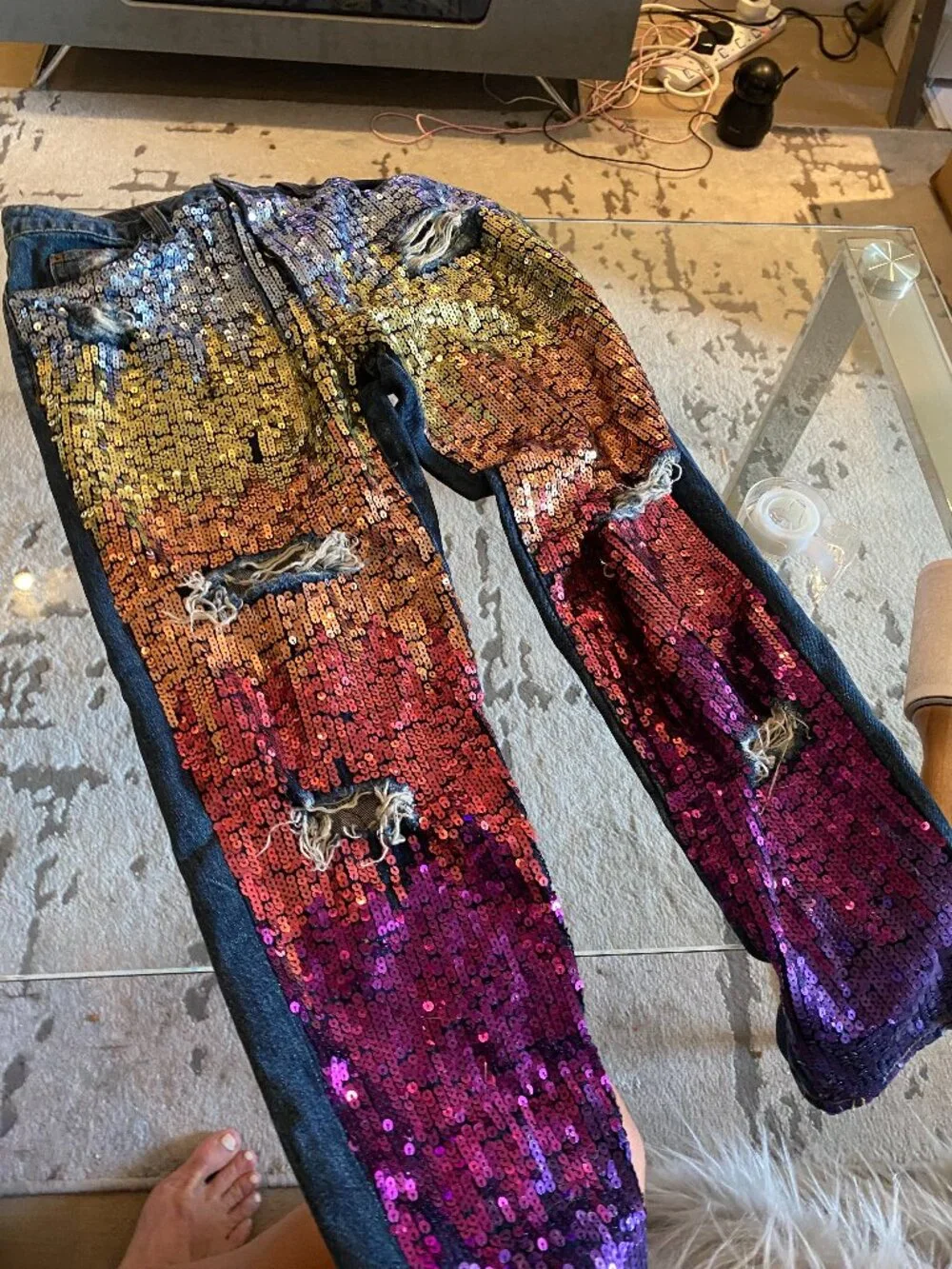 Topshop Hayden Moto Rainbow Sequin Destroyed Distressed Crop Jeans